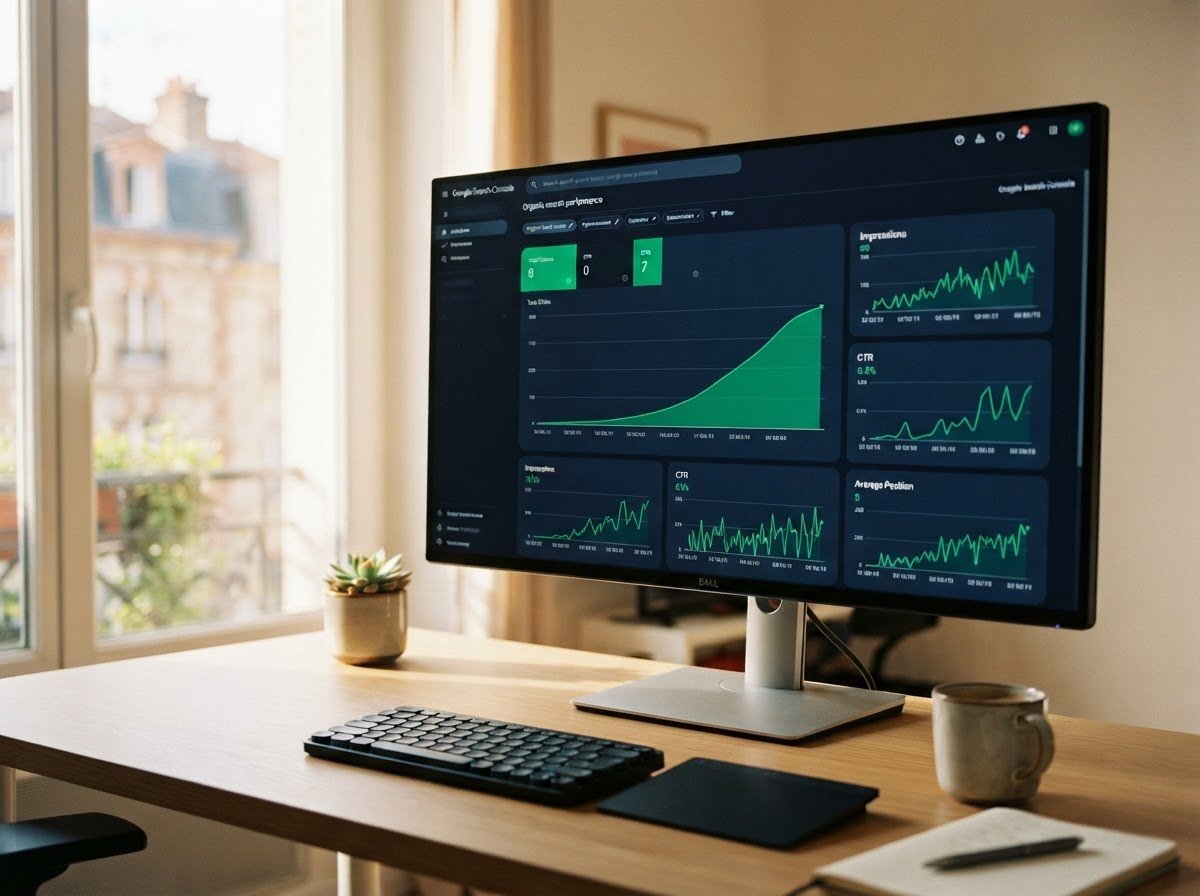 Tableau de bord Google Search Console avec courbes de trafic en croissance